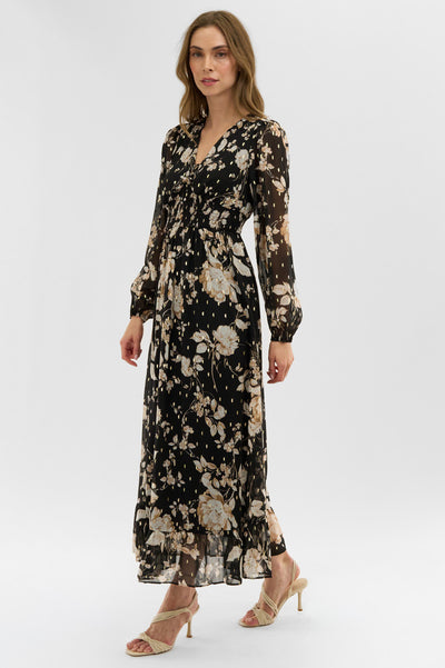 Costa Blanca Floral Long Sleeve Chiffon Maxi Dress - Black - Womens Maxi Dresses - Fairweather