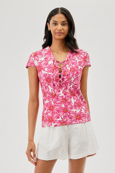 International INC Company Floral Lace Up Short Sleeve Blouse - Pink - Womens Shirts & Blouses - Fairweather