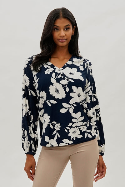 Beechers Brook Floral Henley Blouse - Navy - Womens Shirts & Blouses - Fairweather