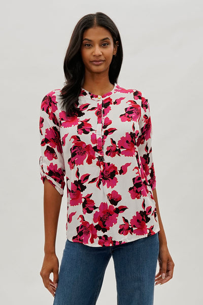 International INC Company Floral Roll Up Sleeve Blouse - White - Womens Shirts & Blouses - Fairweather
