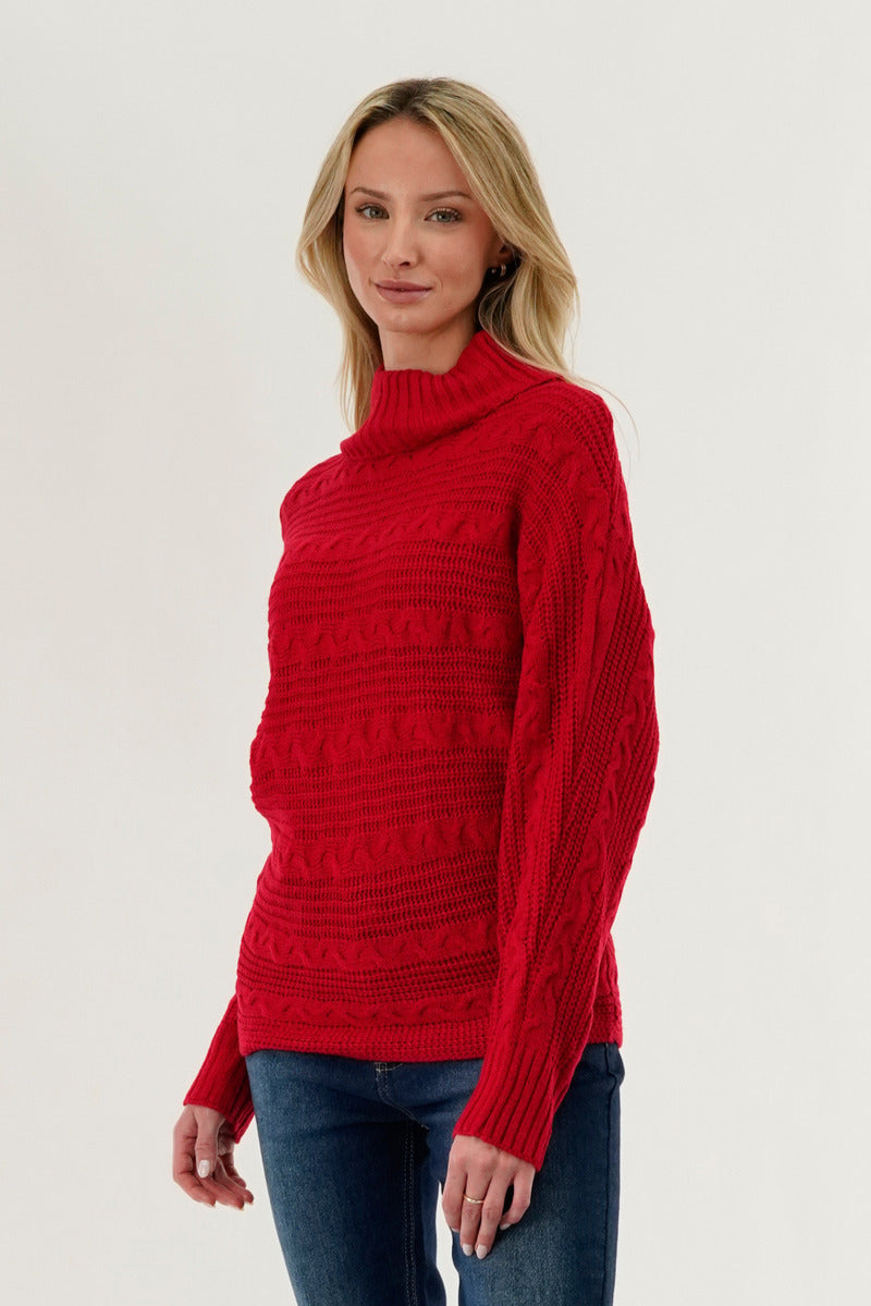 Beechers Brook Cable Knit Mock Neck Pullover Sweater - Red - Womens Pullover Sweaters - Fairweather