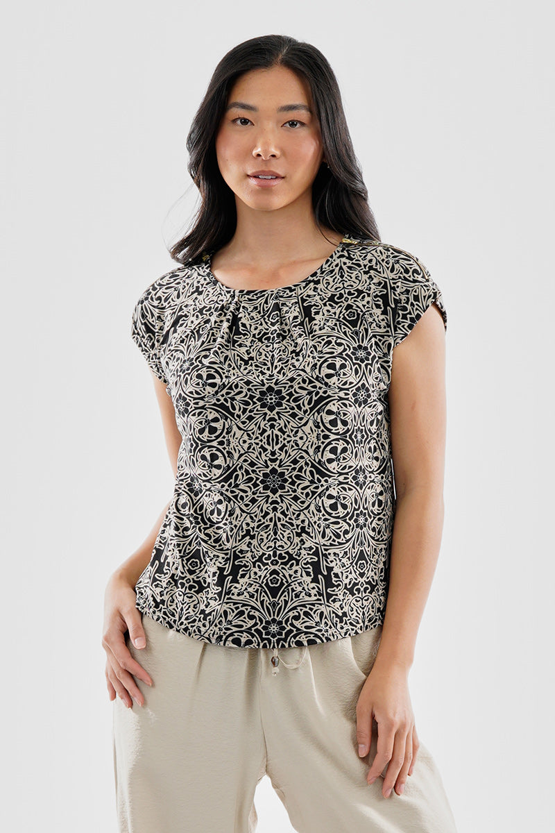 Beechers Brook Patterned Zipper Shoulder Detail Blouse - Black - Womens Shirts & Blouses - Fairweather