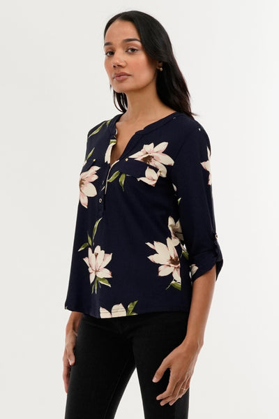 International INC Company Floral Split Neck Blouse - Navy - Womens Shirts & Blouses - Fairweather