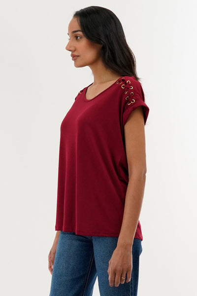 International INC Company Shoulder Lace Up Tee - Burgundy - Womens Tees & Tank Tops - Fairweather