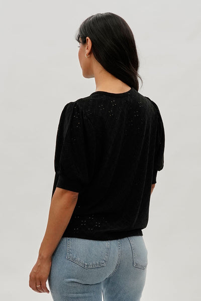 Beechers Brook Eyelet Detail Puff Sleeve Blouse - Black - Womens Shirts & Blouses - Fairweather