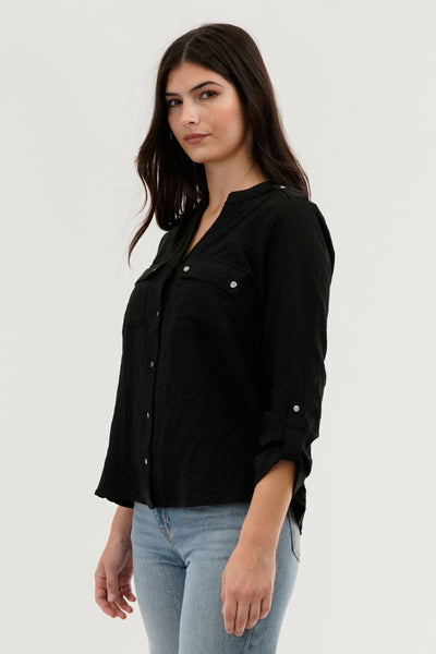 Runaway Bay Roll Up Sleeve Utility Pocket Blouse - Black - Womens Shirts & Blouses - Fairweather