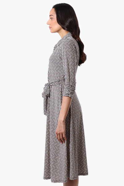 Beechers Brook Patterned Belted 3/4 Sleeve Midi Dress - Black - Womens Midi Dresses - Fairweather