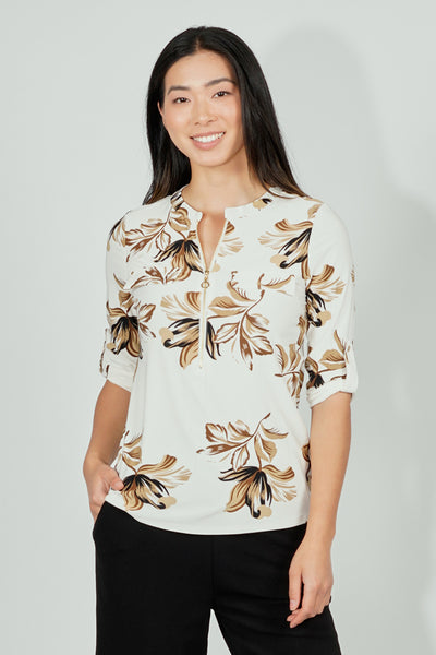 Beechers Brook Floral Roll Up Sleeve Half Zip Blouse - Cream - Womens Shirts & Blouses - Fairweather