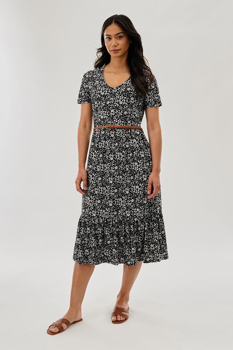 Beechers Brook Floral Belted Short Sleeve Midi Dress - Black - Womens Midi Dresses - Fairweather