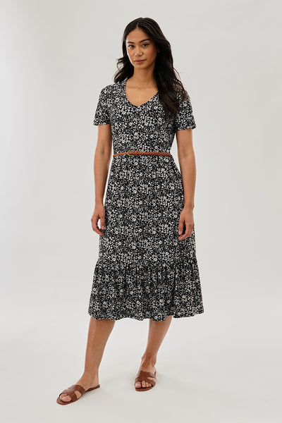 Beechers Brook Floral Belted Short Sleeve Midi Dress - Black - Womens Midi Dresses - Fairweather
