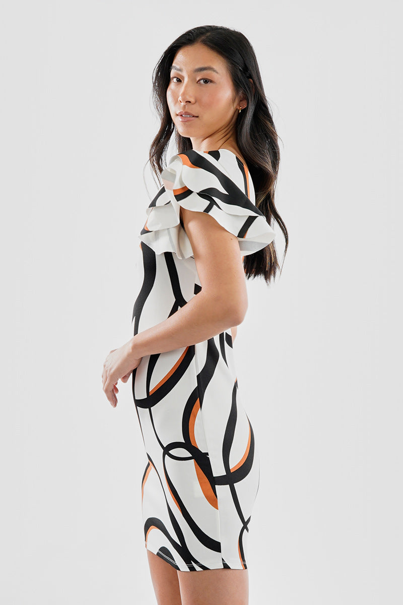 Costa Blanca Patterned Flutter Sleeve Scuba Day Dress - White - Womens Day Dresses - Fairweather