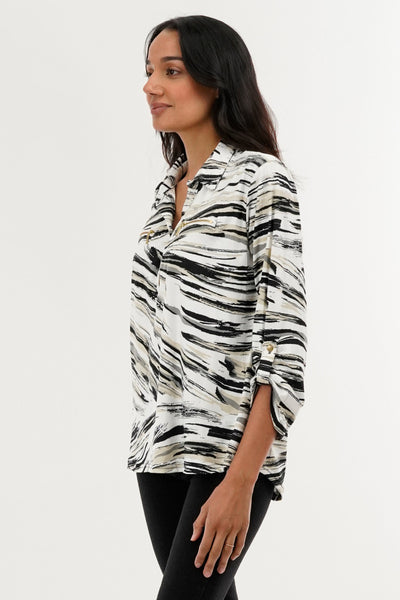 International INC Company Patterned Roll Up Sleeve Blouse - White - Womens Shirts & Blouses - Fairweather