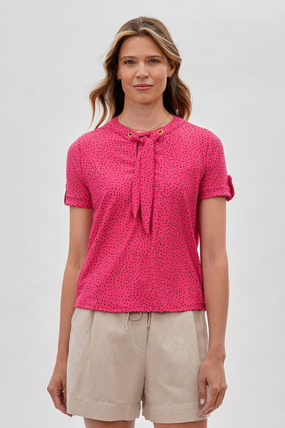 Beechers Brook Polka Dot Tie-Neck Short Sleeve Blouse - Pink - Womens Shirts & Blouses - Fairweather