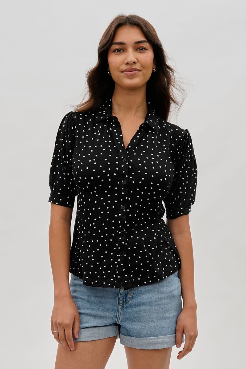 International INC Company Polka Dot Puffer Sleeve Blouse - Black - Womens Shirts & Blouses - Fairweather