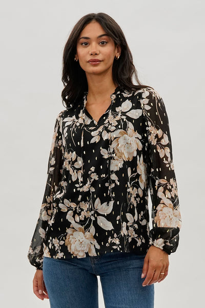 Beechers Brook Floral Tie-Neck Long Sleeve Blouse - Black - Womens Shirts & Blouses - Fairweather