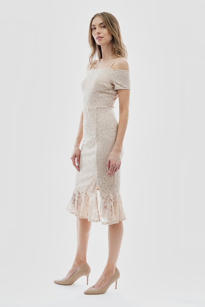 Costa Blanca Lace Off Shoulder Side Slit Cocktail Dress - Cream - Womens Cocktail Dresses - Fairweather