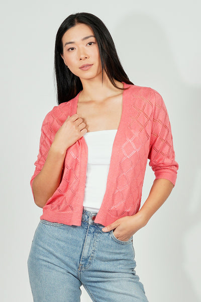 Beechers Brook Diamond Knit 3/4 Sleeve Open Cardigan - Pink - Womens Cardigans - Fairweather