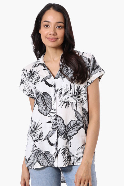 Majora Leaf Pattern Camp Collar Button Up Shirt - White - Womens Shirts & Blouses - Fairweather