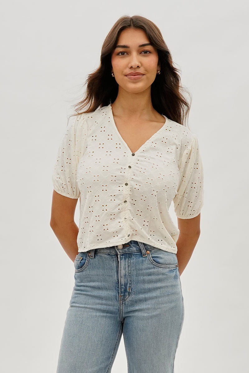 Beechers Brook Button Down Eyelet Blouse - Cream - Womens Shirts & Blouses - Fairweather