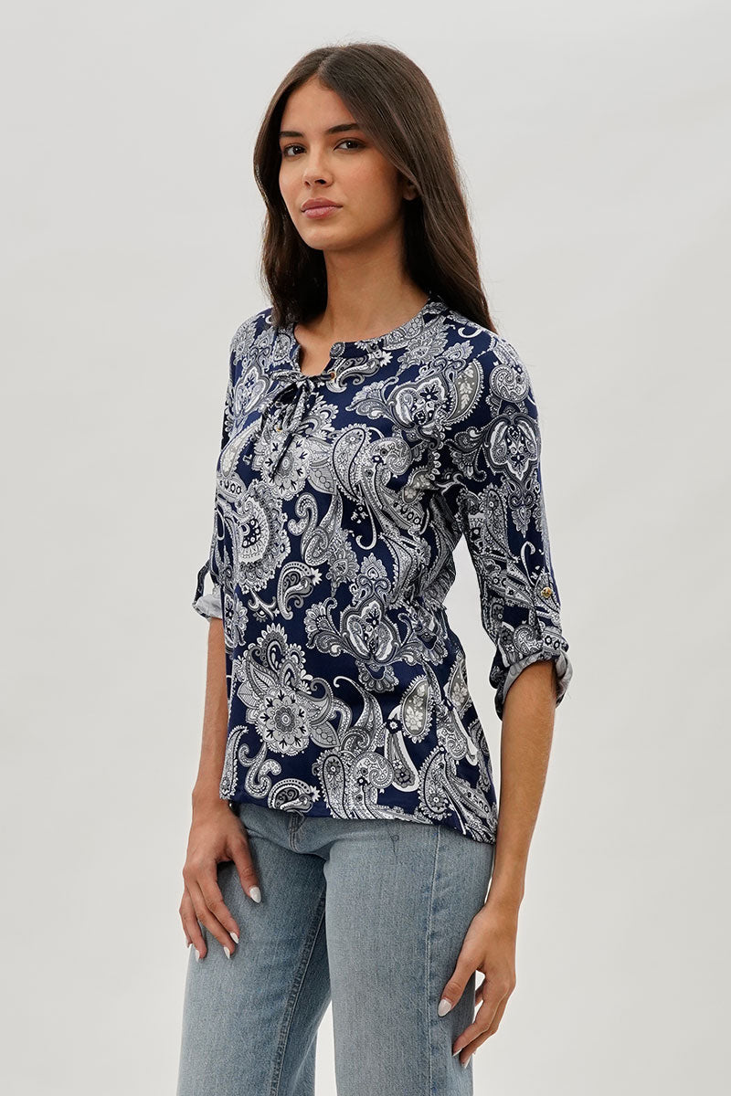 International INC Company Paisley Print Lace Up Blouse - Navy - Womens Shirts & Blouses - Fairweather