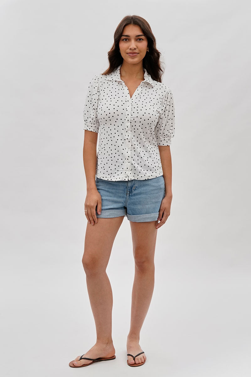 International INC Company Polka Dot Puffer Sleeve Blouse - White - Womens Shirts & Blouses - Fairweather