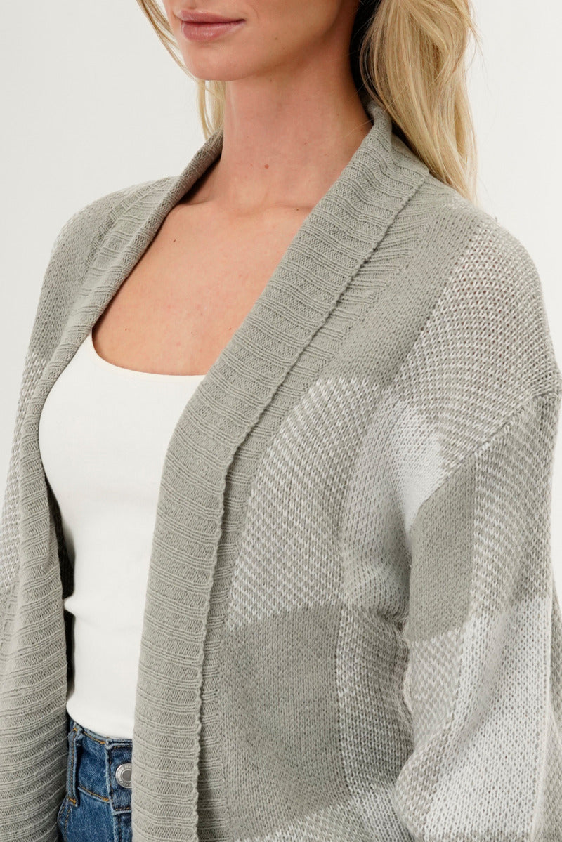 Canada Weather Gear Plaid Knit Fold Over Cardigan - Grey - Womens Cardigans - Fairweather