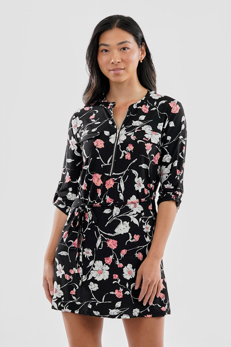 International INC Company Floral Tie Waist Half Zip Day Dress - Black - Womens Day Dresses - Fairweather