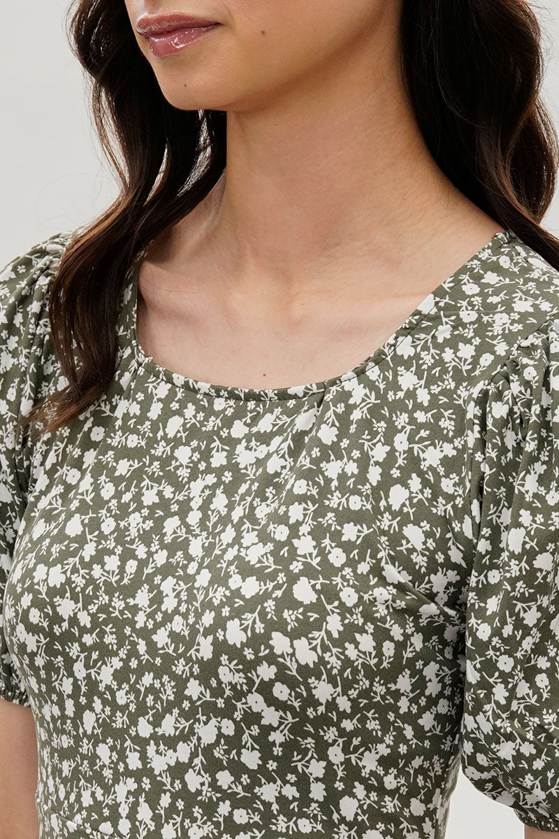 Costa Blanca Floral Puff Sleeve Day Dress - Olive - Womens Day Dresses - Fairweather