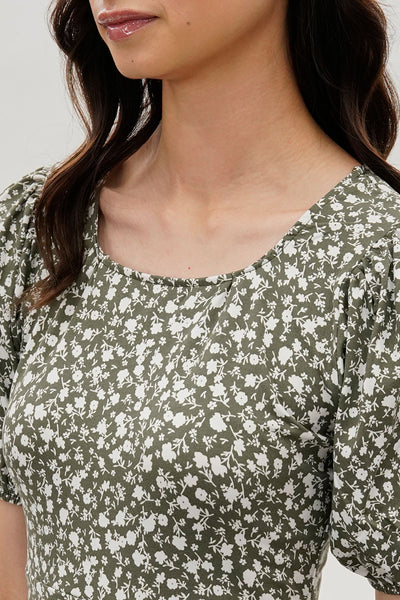 Costa Blanca Floral Puff Sleeve Day Dress - Olive - Womens Day Dresses - Fairweather