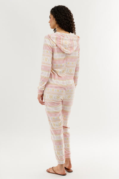 Canada Weather Gear Festive Print Fleece Onesie - Blush - Womens Onesies - Fairweather