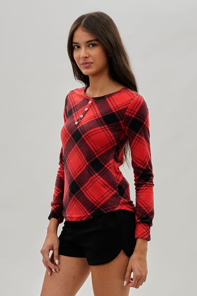 Canada Weather Gear Tartan Plaid Henley Pajama Top - Red - Womens Pajamas - Fairweather