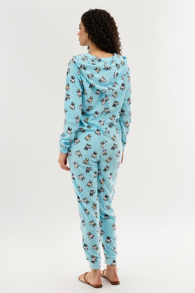 Canada Weather Gear Pug Print Fleece Onesie - Aqua - Womens Onesies - Fairweather