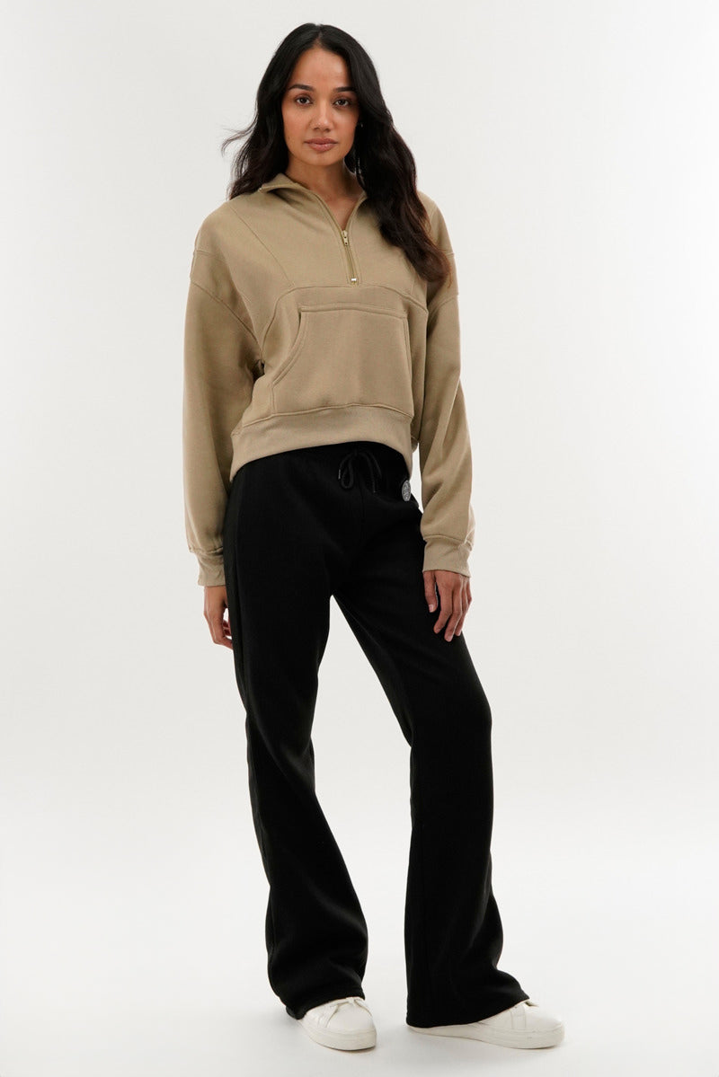 Fahrenheit Half Zip Cropped Sweatshirt - Beige - Womens Hoodies & Sweatshirts - Fairweather