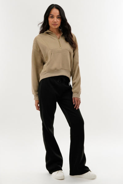 Fahrenheit Half Zip Cropped Sweatshirt - Beige - Womens Hoodies & Sweatshirts - Fairweather