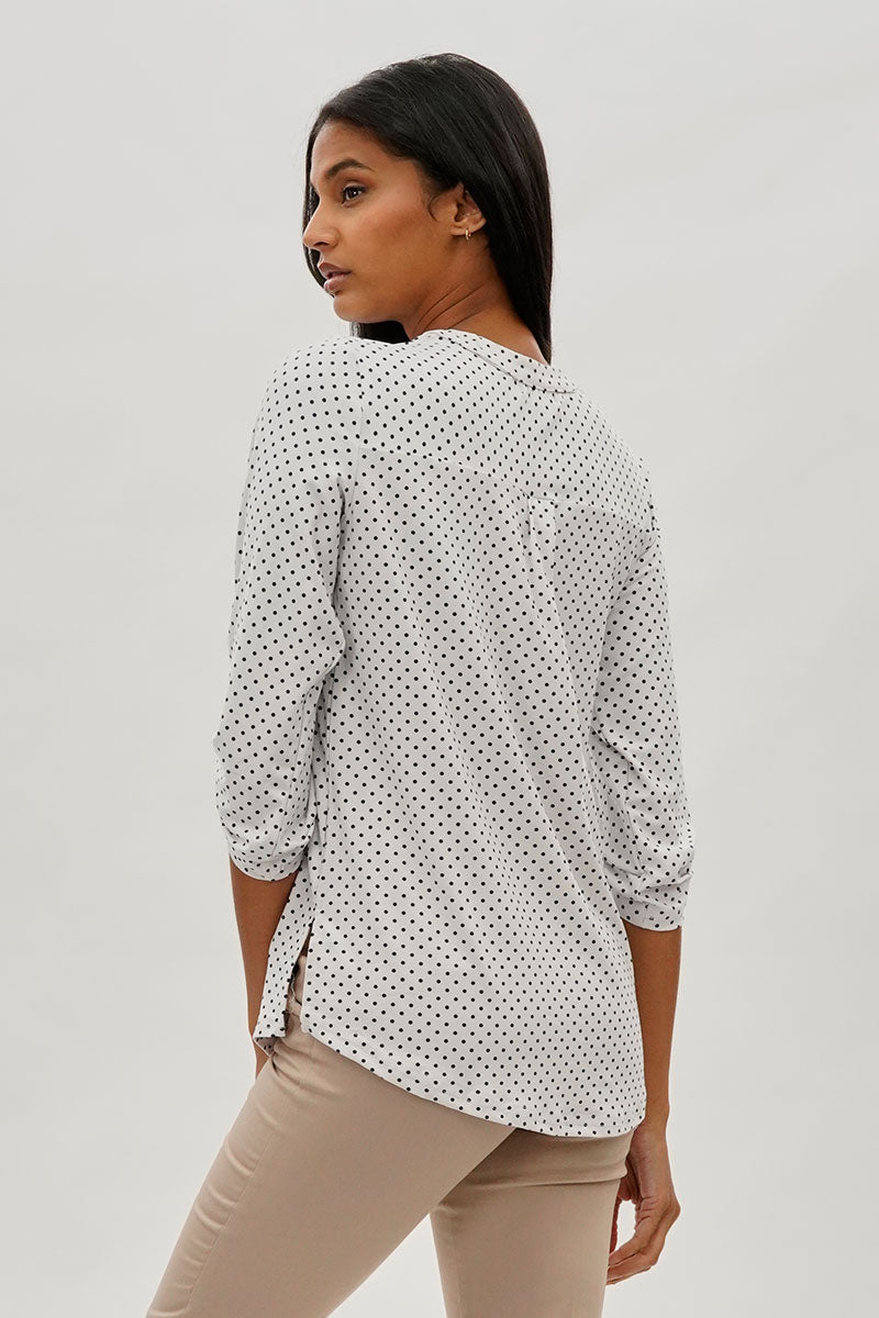 International INC Company Dotted Roll Up Sleeve Blouse - White - Womens Shirts & Blouses - Fairweather