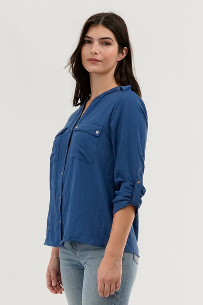 Runaway Bay Roll Up Sleeve Utility Pocket Blouse - Navy - Womens Shirts & Blouses - Fairweather
