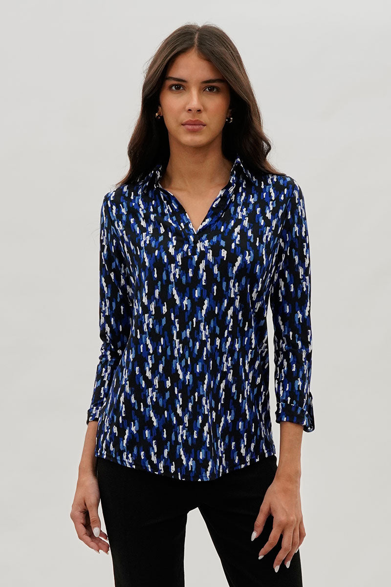 International INC Company Split Neck Collared Blouse - Navy - Womens Shirts & Blouses - Fairweather