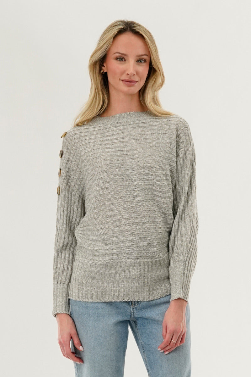 International INC Company Ribbed Button Detail Pullover Sweater - Stone - Womens Pullover Sweaters - Fairweather