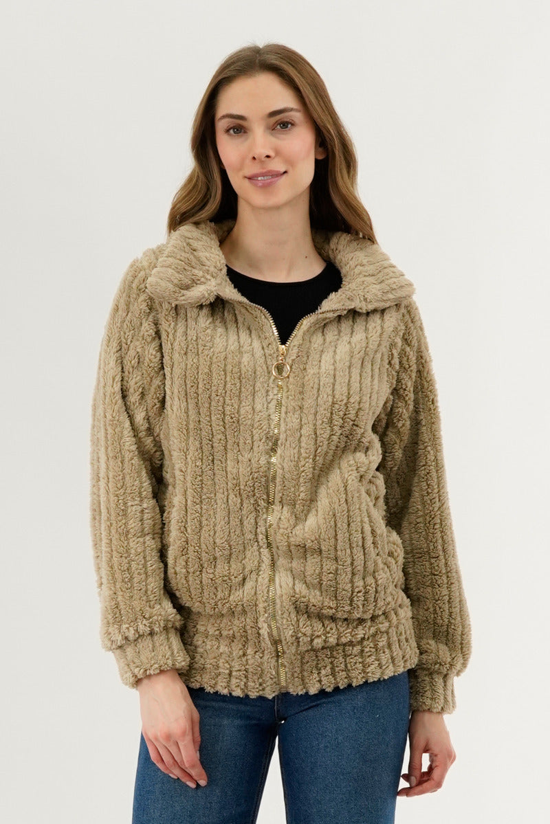 Fahrenheit Plush Zip Up Teddy Lightweight Jacket - Beige