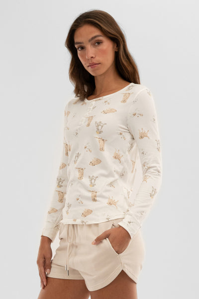 Canada Weather Gear Dog Print Henley Pajama Top - Beige - Womens Pajamas - Fairweather