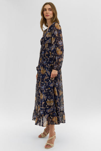 Costa Blanca Floral Long Sleeve Chiffon Maxi Dress - Navy - Womens Maxi Dresses - Fairweather