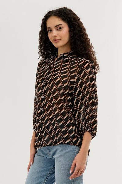 Costa Blanca Patterned Sheer Button Down Blouse - Black