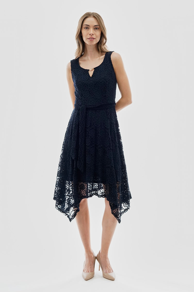 Costa Blanca Belted Lace Gold Bar Detail Day Dress - Navy - Womens Cocktail Dresses - Fairweather