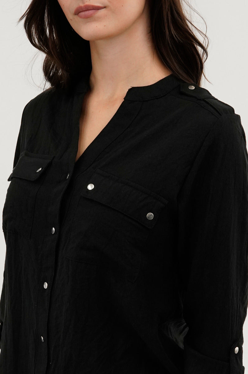 Runaway Bay Roll Up Sleeve Utility Pocket Blouse - Black - Womens Shirts & Blouses - Fairweather