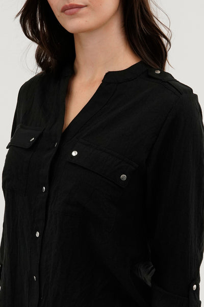 Runaway Bay Roll Up Sleeve Utility Pocket Blouse - Black - Womens Shirts & Blouses - Fairweather