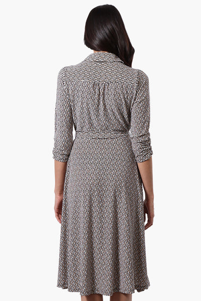 Beechers Brook Patterned Belted 3/4 Sleeve Midi Dress - Black - Womens Midi Dresses - Fairweather