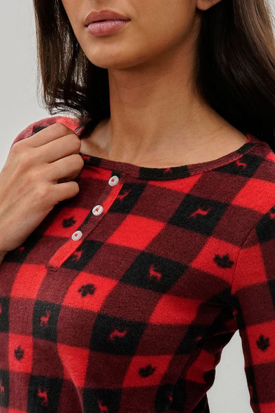 Canada Weather Gear Plaid Leaf Print Henley Pajama Top - Red - Womens Pajamas - Fairweather