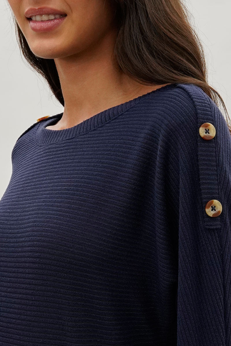 International INC Company Ribbed Button Detail Pullover Sweater - Navy - Womens Pullover Sweaters - Fairweather