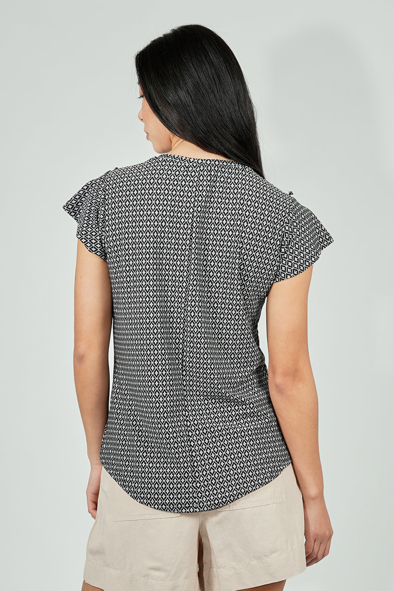 International INC Company Patterned Short Sleeve Cinched Collar Blouse - Black - Womens Shirts & Blouses - Fairweather
