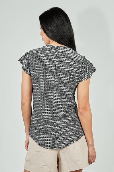 International INC Company Patterned Short Sleeve Cinched Collar Blouse - Black - Womens Shirts & Blouses - Fairweather